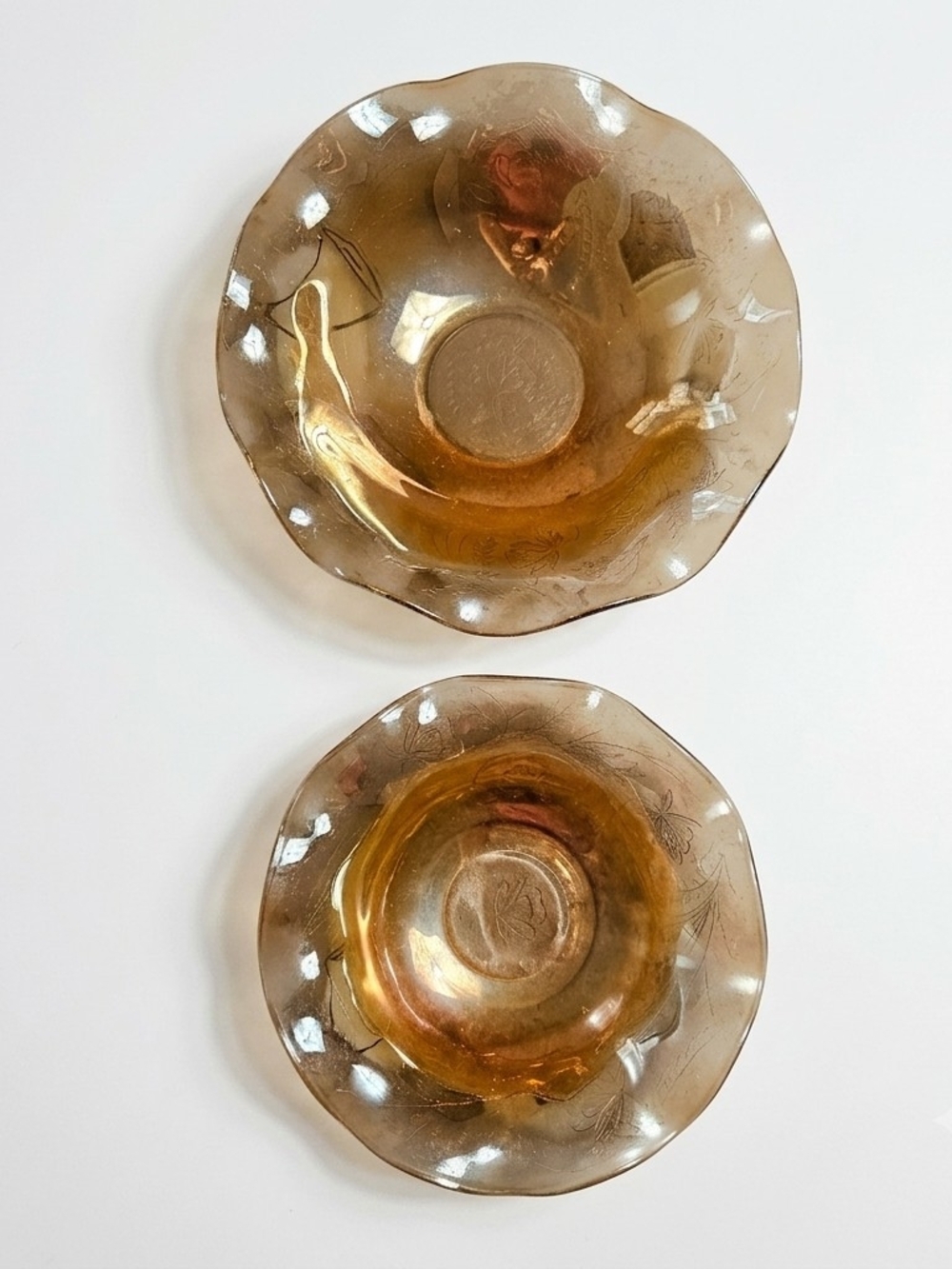 Vintage Marigold Carnival Glass Ruffled Bowls Set